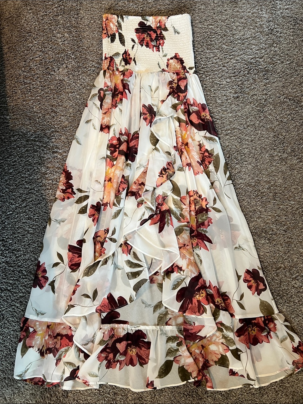 Strapless Floral Ruffled Maxi Dress - Ivory with Burgundy & Olive